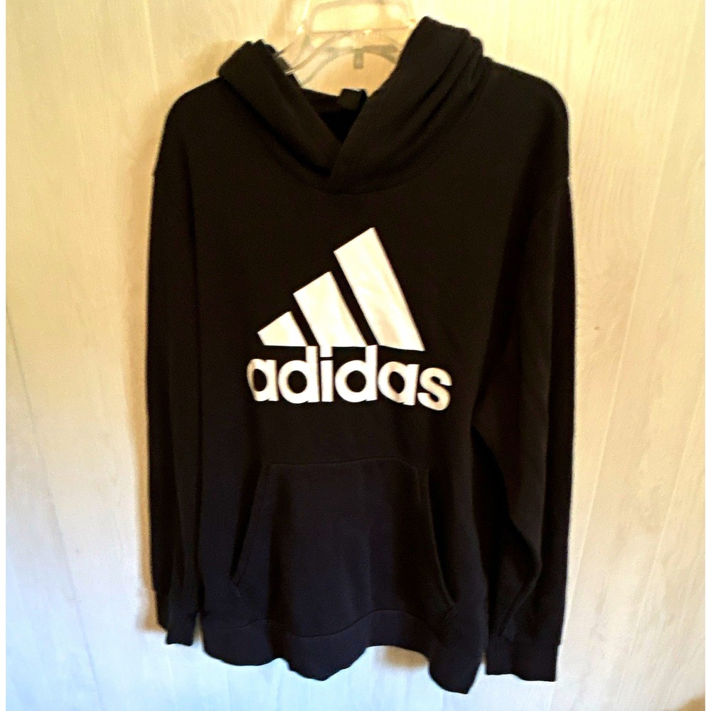 adidas mens XL Black Pullover Fleece Hoodie Sweatshirt Logo Front Pocket